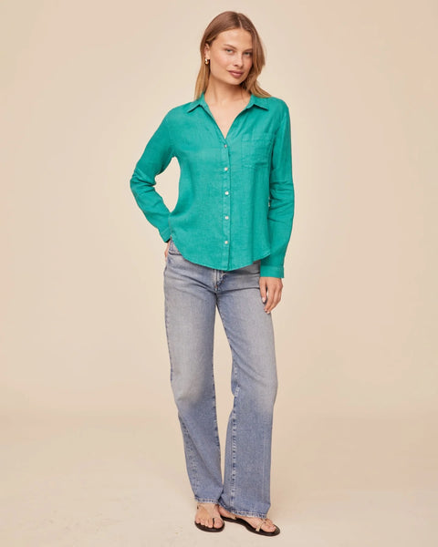 Bella Dahl Linen Pocket Button Down in Aqua Green