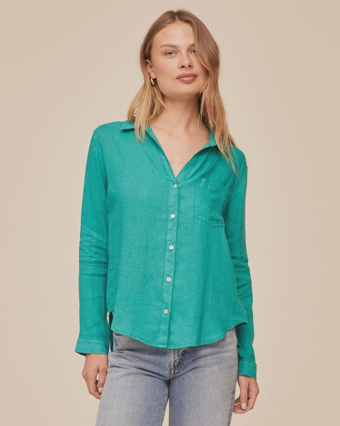 Bella Dahl Linen Pocket Button Down in Aqua Green