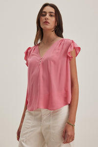 Velvet Malta Ruffle Slv Rayon Challis top in Ladyslipper