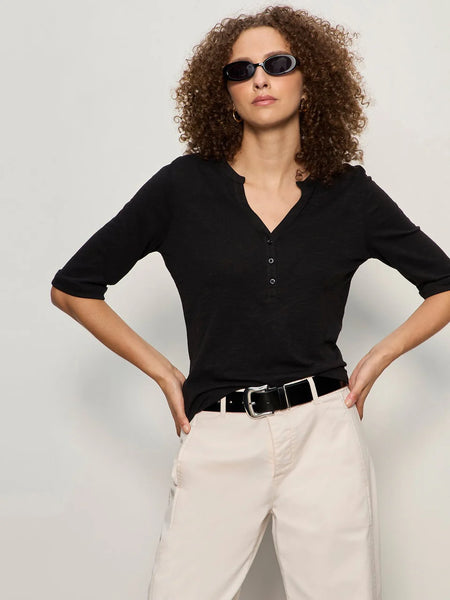 Sanctuary Rolled Sleeve Henley Tee in Black