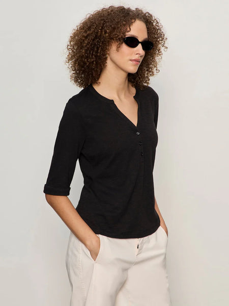 Sanctuary Rolled Sleeve Henley Tee in Black