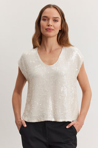 Velvet Elorie06 Sequined Short Sleeve Top in Cream