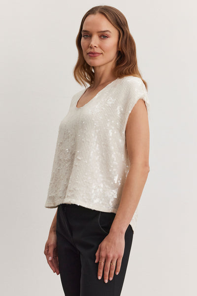 Velvet Elorie06 Sequined Short Sleeve Top in Cream