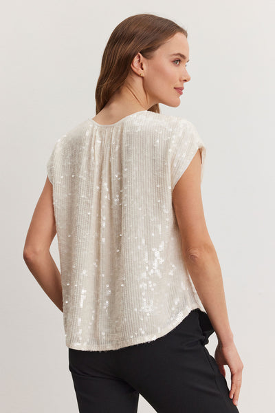 Velvet Elorie06 Sequined Short Sleeve Top in Cream