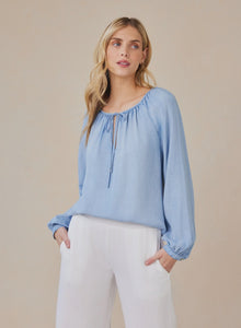 Bella Dahl Shirred Raglan Tie Front Top in Coastal Spray Wash