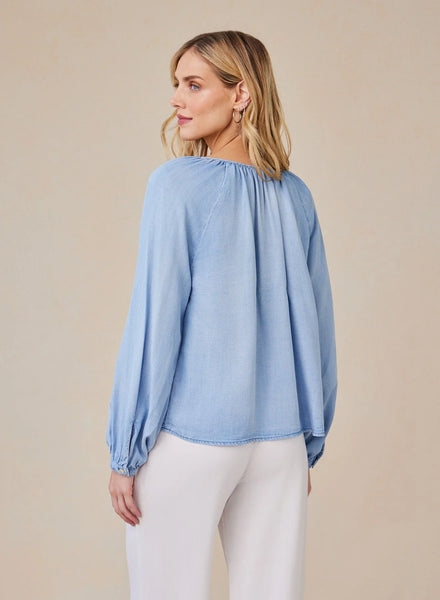 Bella Dahl Shirred Raglan Tie Front Top in Coastal Spray Wash