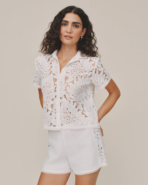 Bella Dahl Short Sleeve Lace Contrast Button Down in White