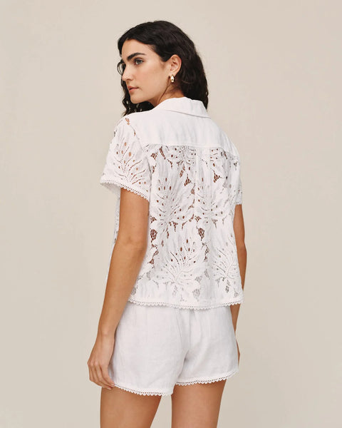 Bella Dahl Short Sleeve Lace Contrast Button Down in White