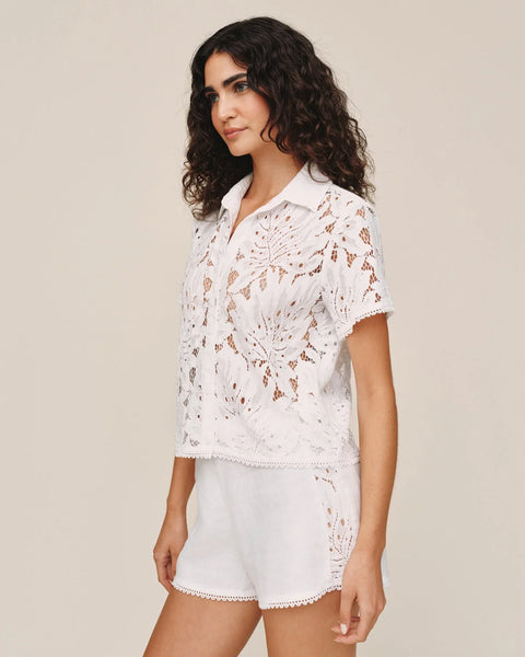 Bella Dahl Short Sleeve Lace Contrast Button Down in White
