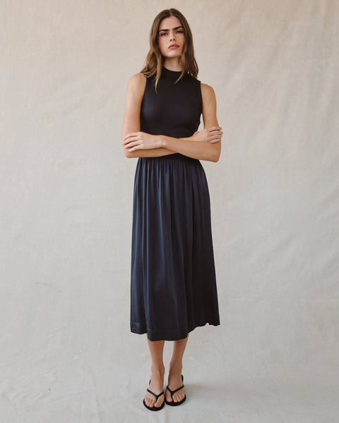 Bella Dahl Sleeveless Mock Neck Mixed Dress in Obsidian Stone