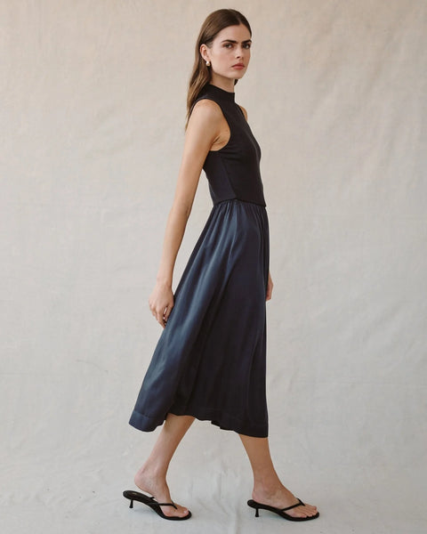 Bella Dahl Sleeveless Mock Neck Mixed Dress in Obsidian Stone