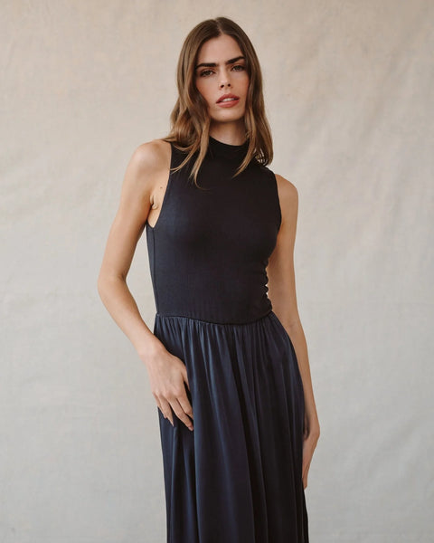 Bella Dahl Sleeveless Mock Neck Mixed Dress in Obsidian Stone
