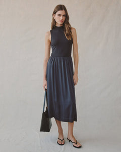 Bella Dahl Sleeveless Mock Neck Mixed Dress in Obsidian Stone