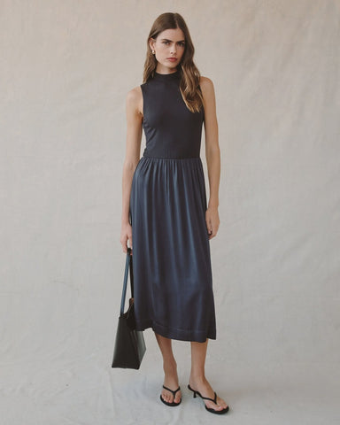 Bella Dahl Sleeveless Mock Neck Mixed Dress in Obsidian Stone