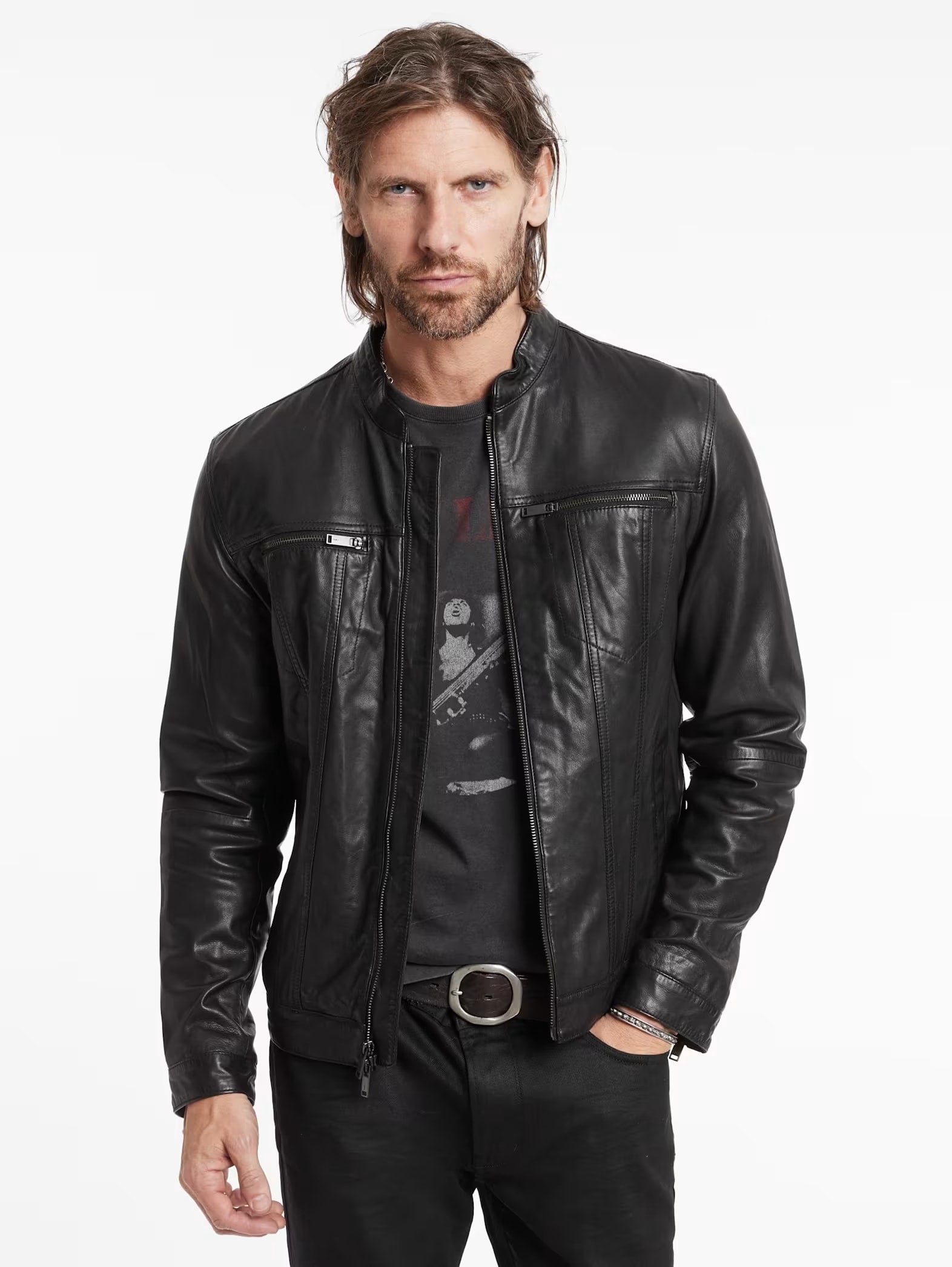 John Varvatos Brando Band Collar Leather Jacket - Black