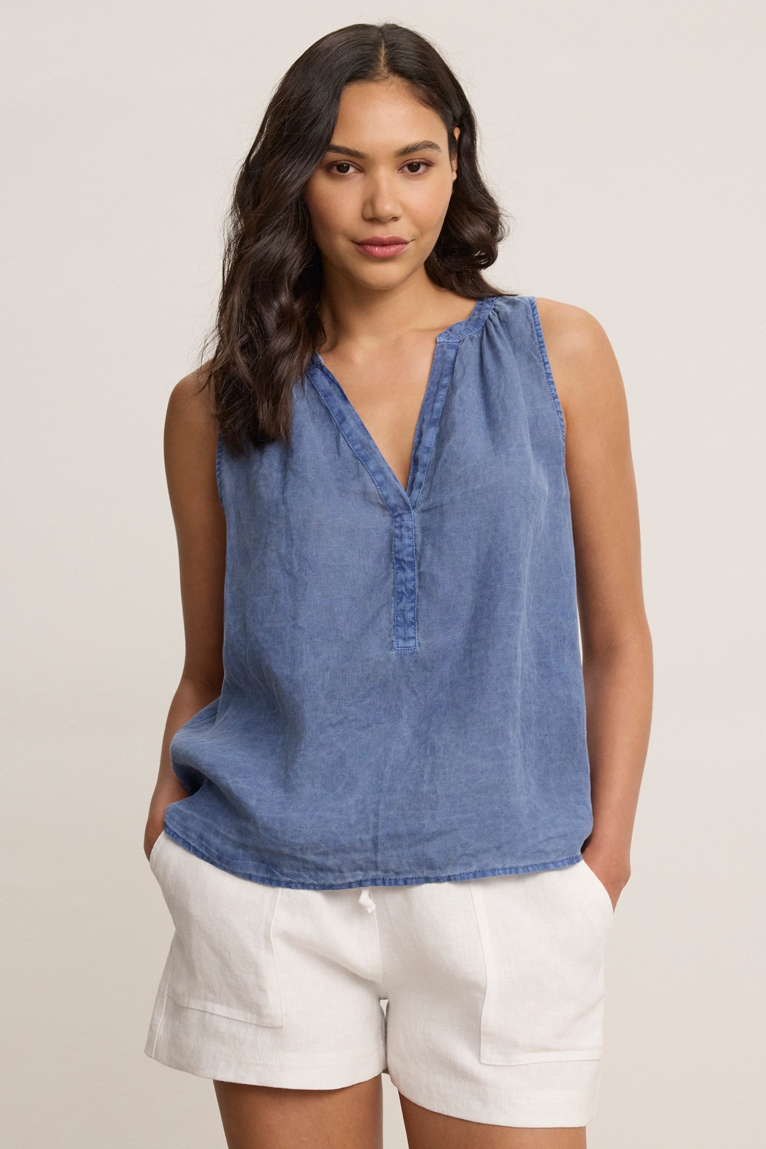 Velvet Tacy Woven Linen Sleeveless Top in Indigo