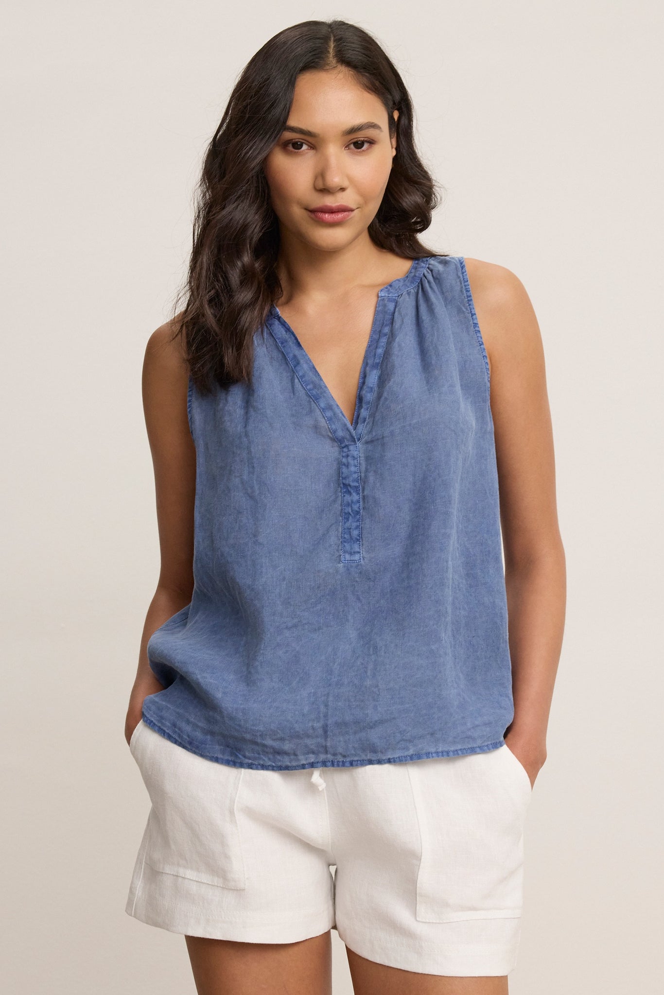 Velvet Tacy Woven Linen Sleeveless Top in Indigo