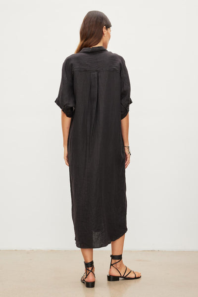 Velvet Sandra Woven Linen Button Up Dress in Black