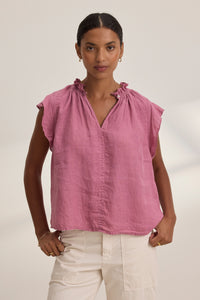 Velvet Semira07 Woven Linen Capsleeve Top in Beet