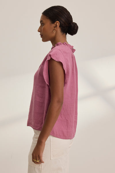 Velvet Semira07 Woven Linen Capsleeve Top in Beet