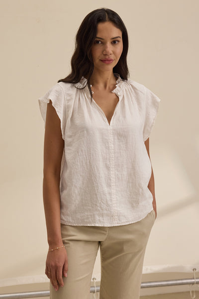 Velvet Semira07 Woven Linen Capsleeve Top in Chalk