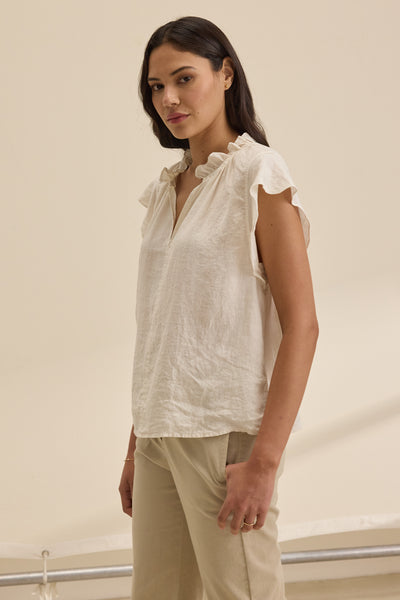 Velvet Semira07 Woven Linen Capsleeve Top in Chalk