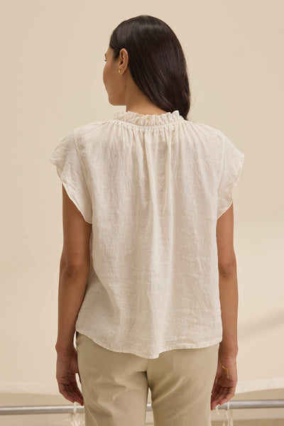 Velvet Semira07 Woven Linen Capsleeve Top in Chalk