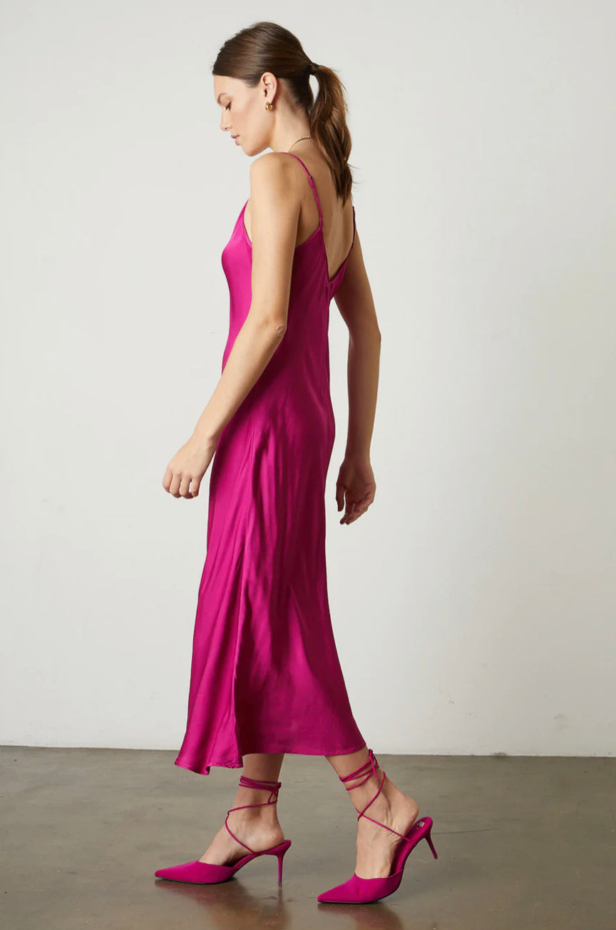 Velvet Poppy Satin Viscose Slip Style Dress in Raspberry