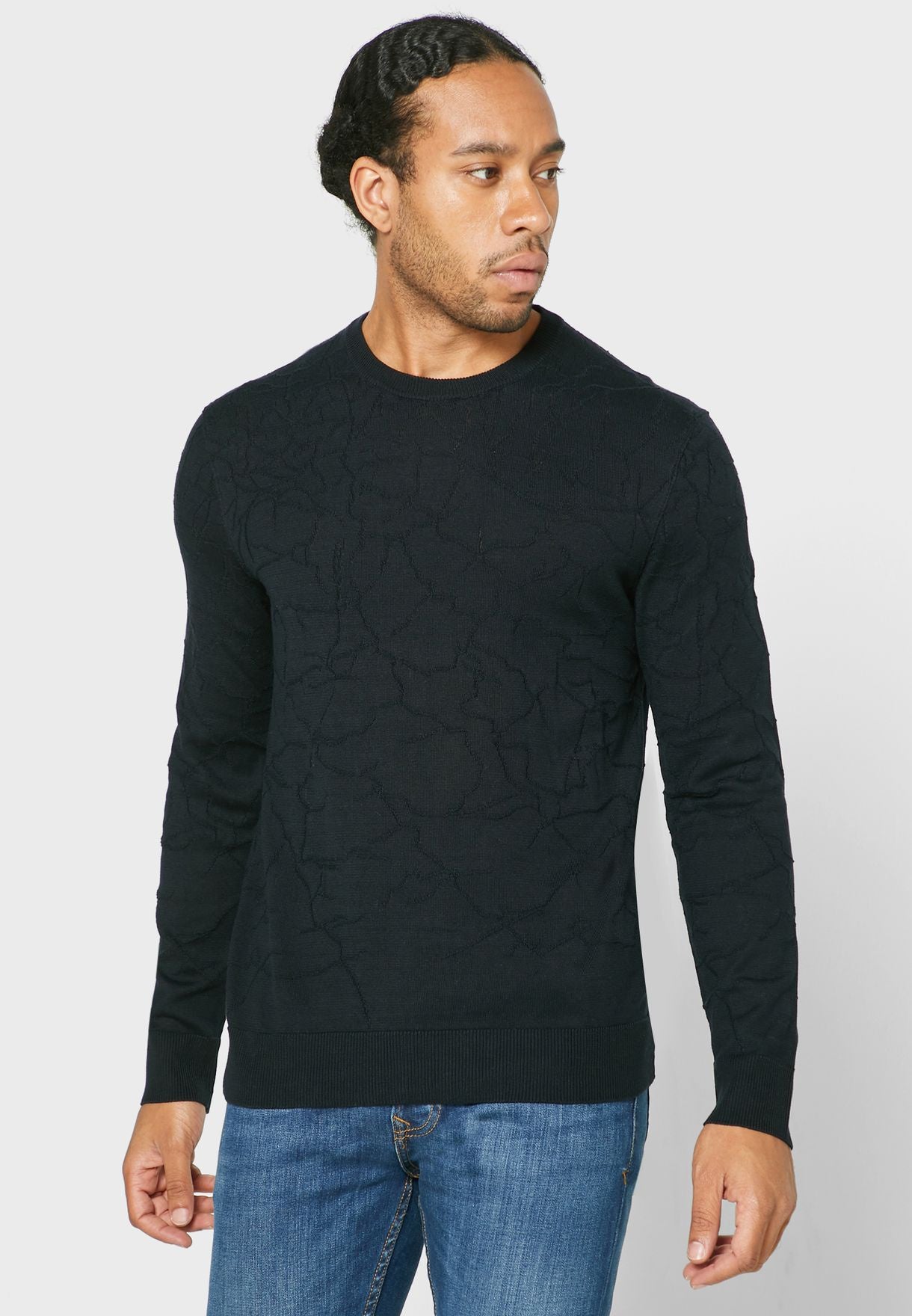 John Varvatos BRISTOL LS  CRACKLE STITCH CREW Black