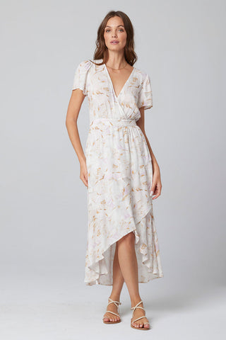Saltwater Luxe 3/4 Sleeve Wrap Floral Dress in Vanilla