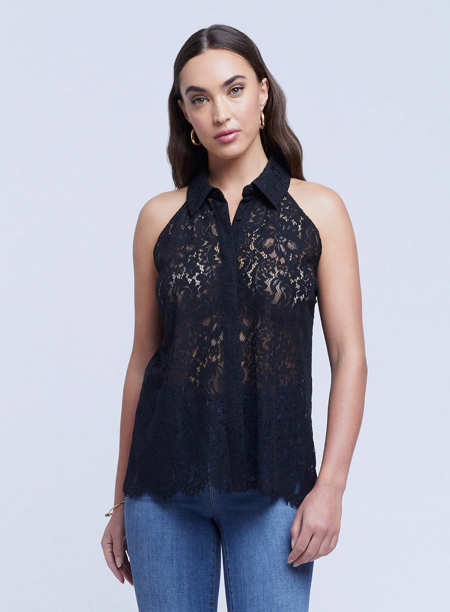 L'AGENCE Daisie Sleeveless Lace Blouse in Black