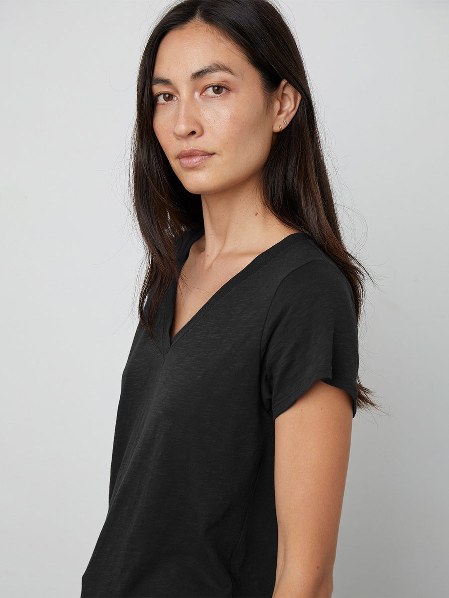 Velvet Jill Cotton Slub V-Neck Tee - black and white