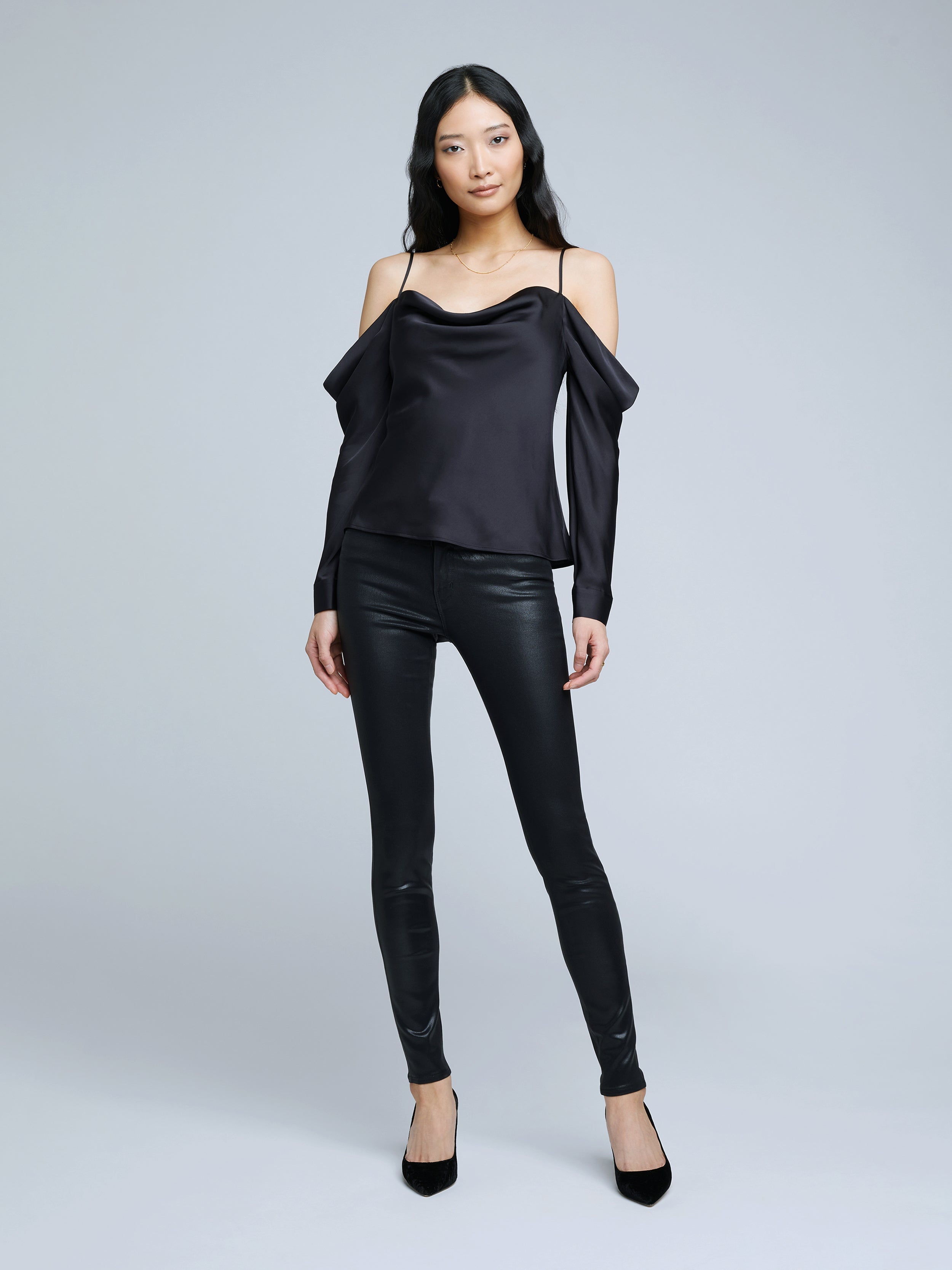 L'AGENCE Zion Cold Shoulder Blouse in Black
