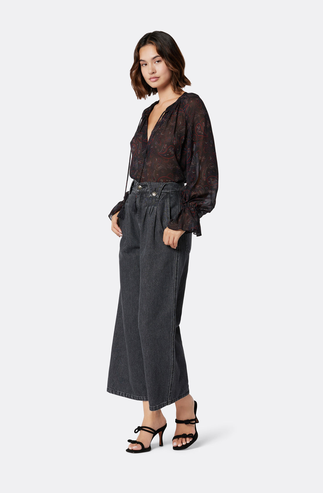 Joie Cecarina tie front blouse with cuff detail in Caviar multi