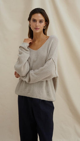 Charli Hailey Soft Mohair Blend V-Neck Sweater in Beige