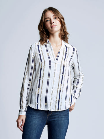 L'AGENCE Holly Chain Buckle Blouse in Ivory/Navy