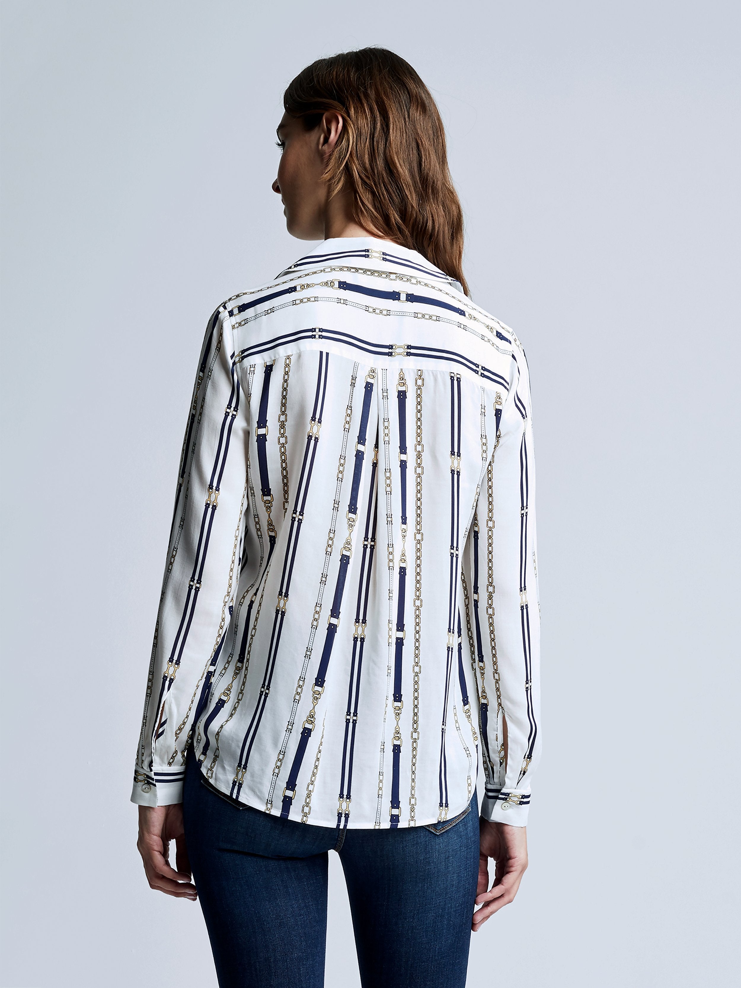 L'AGENCE Holly Chain Buckle Blouse in Ivory/Navy