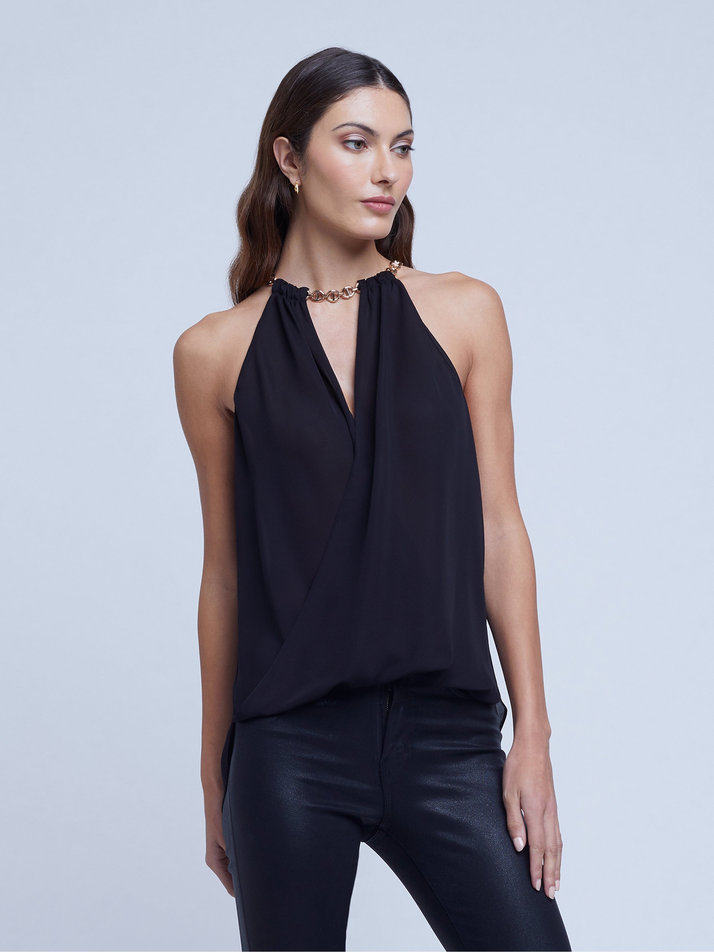 L'AGENCE Lina Chain Draped Top in Black