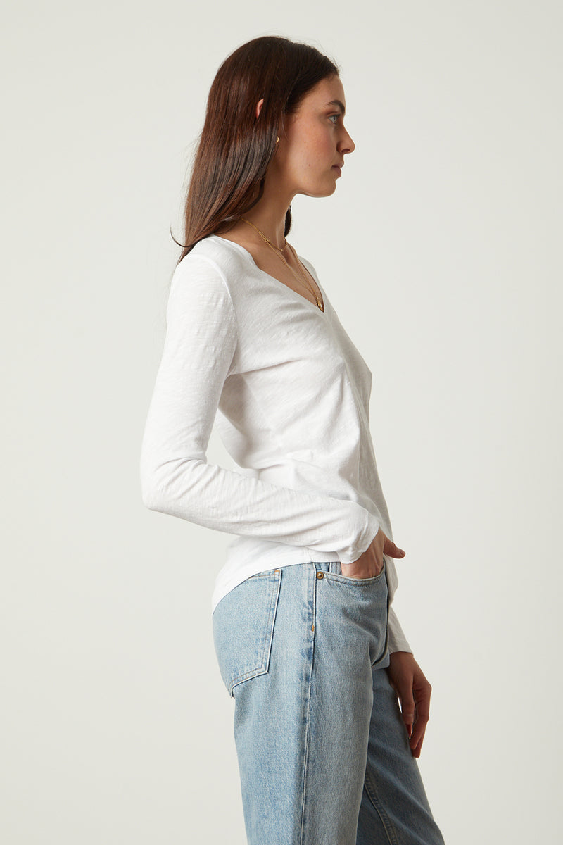 Velvet Originals Blaire L/S V-Neck Top in White