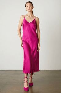 Velvet Poppy Satin Viscose Slip Style Dress in Raspberry
