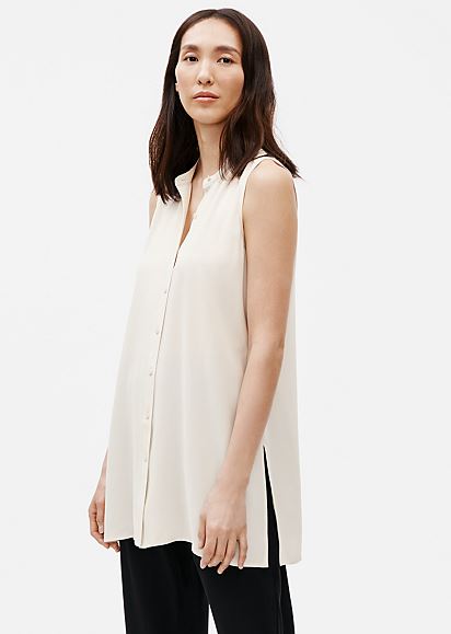 Eileen Fisher System Silk Georgette Sleeveless Button Front Shirt - Bone or Black