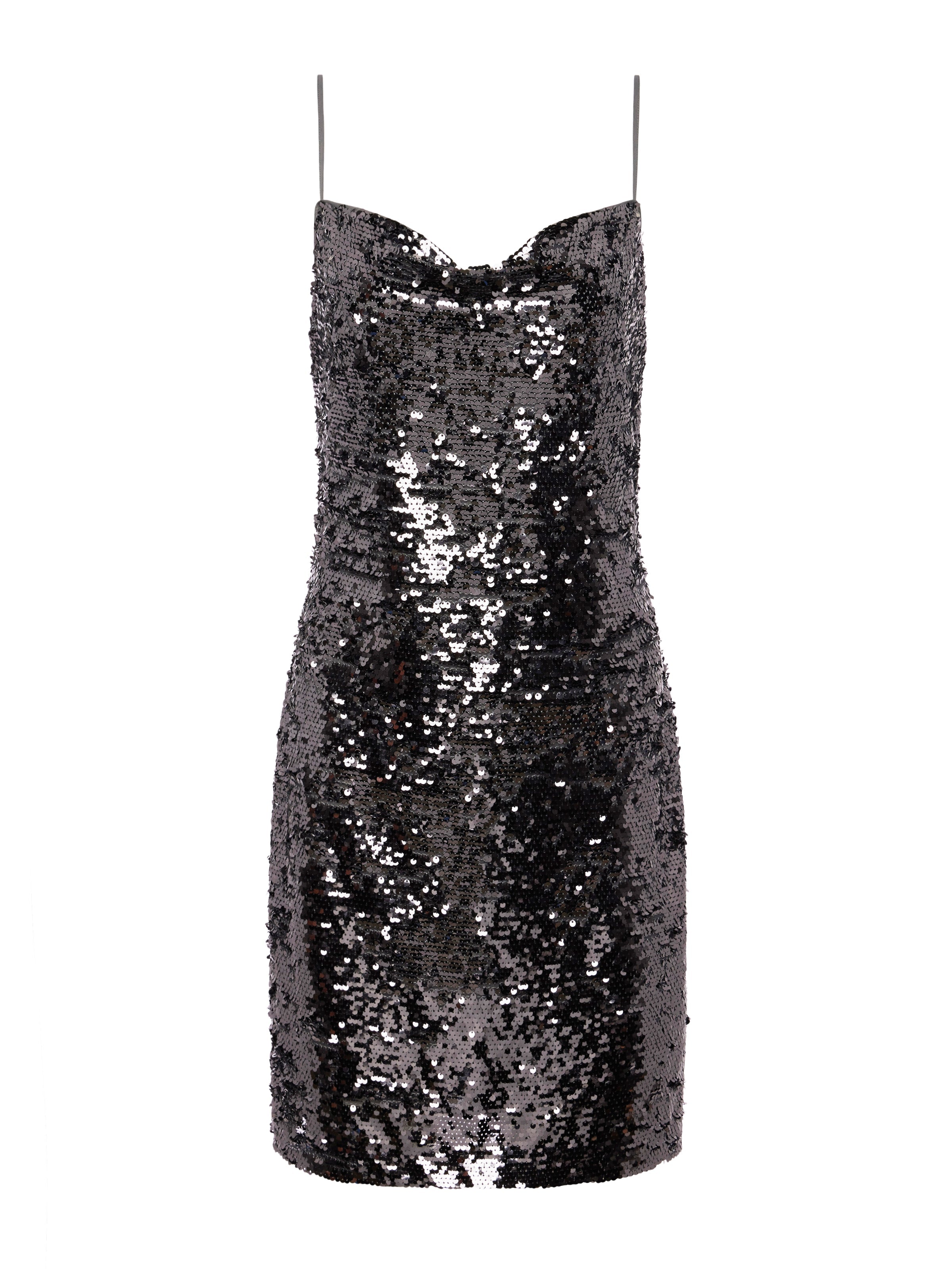 L'AGENCE Nyla Cowl Neck Sequin Slip Dress in Gunmetal