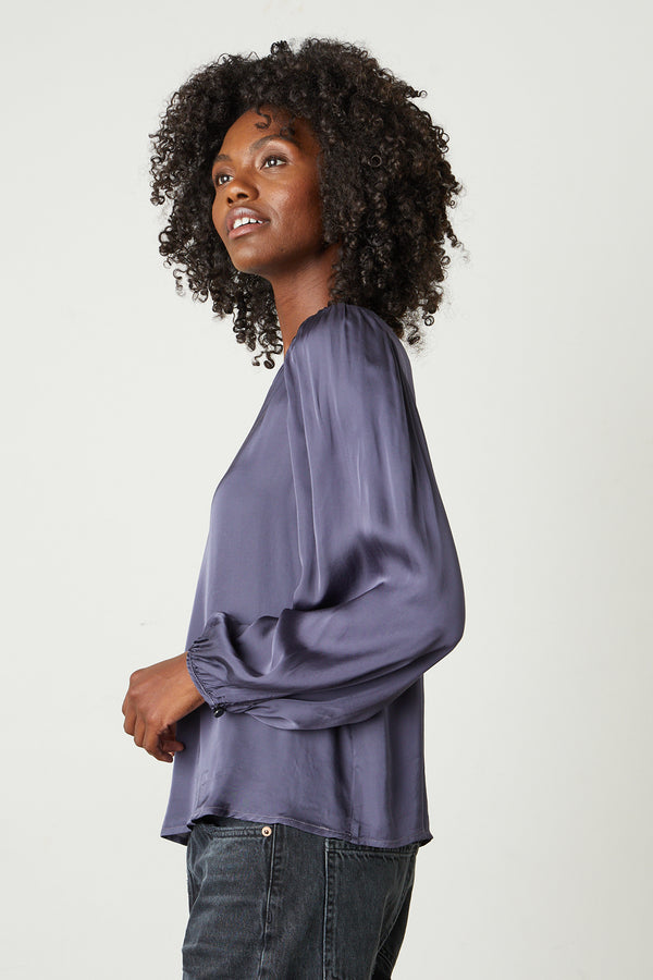 Velvet Leila Satin Viscose Full Sleeve Crew Top in Steel