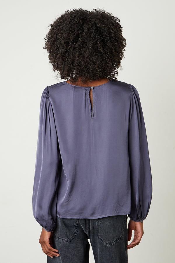 Velvet Leila Satin Viscose Full Sleeve Crew Top in Steel