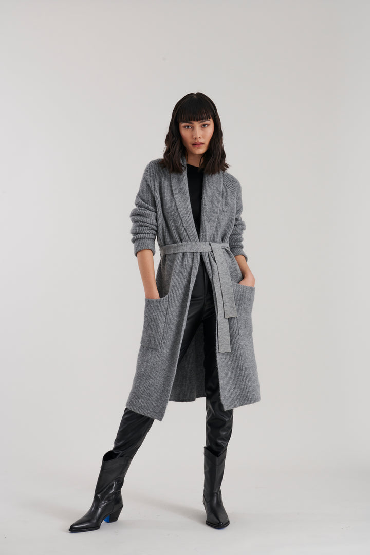 JOHN + JENN Harrison Long Ribbed Cardigan in Grey Owl