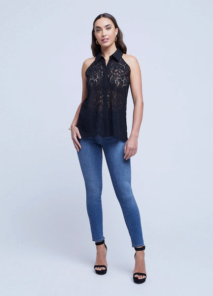 L'AGENCE Daisie Sleeveless Lace Blouse in Black
