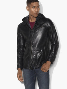 John Varvatos LEATHER HOODED PARKA WITH DOUBLE LAYER CLOSURE - Black
