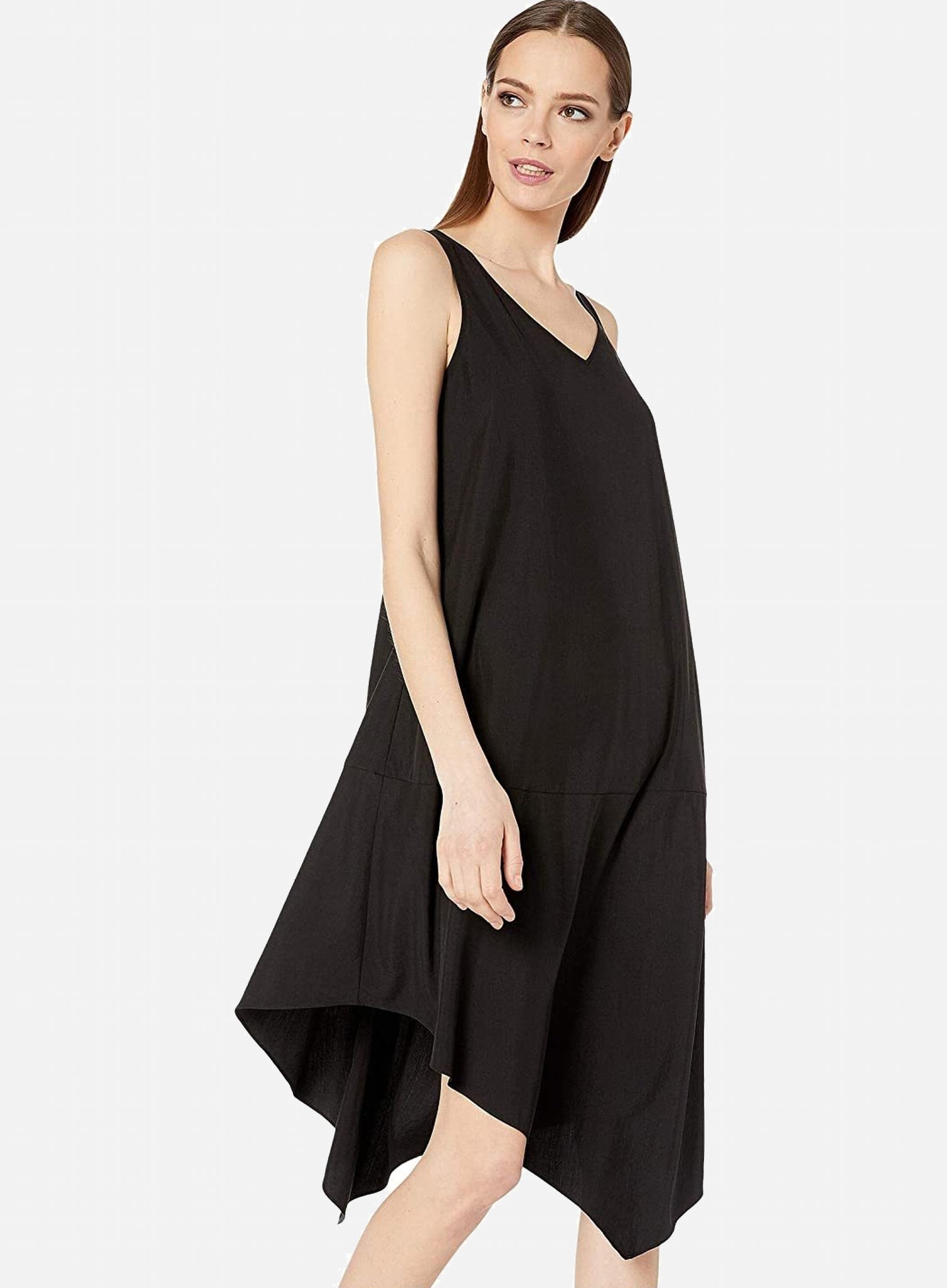 Eileen Fisher Sandwashed Tencel Asymetric Layering Dress - Black or Nori