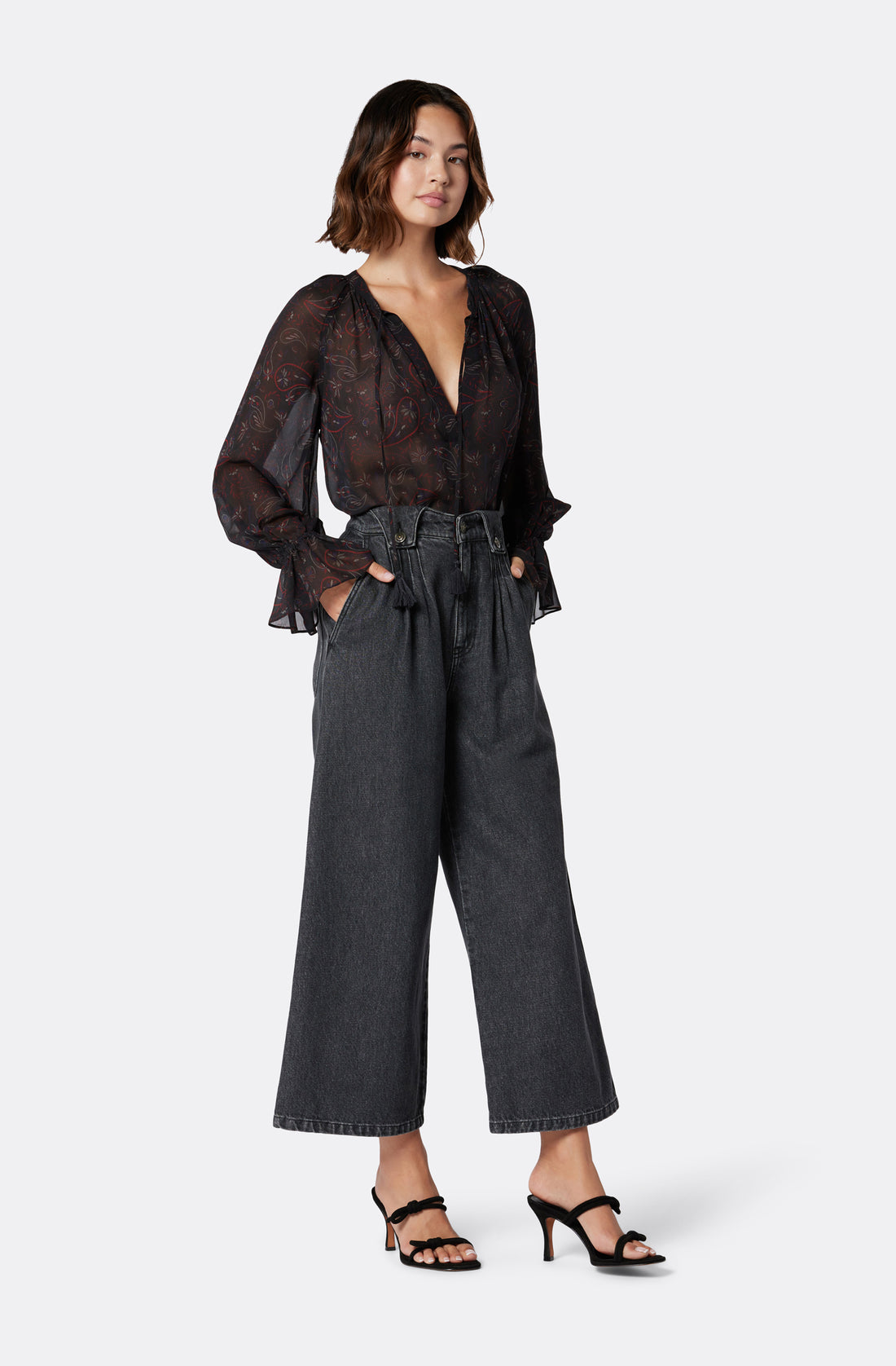 Joie Cecarina tie front blouse with cuff detail in Caviar multi