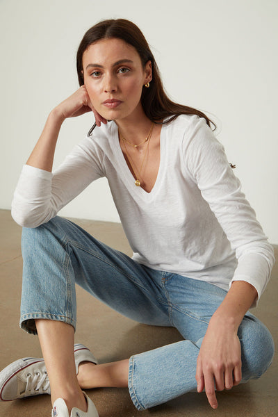 Velvet Originals Blaire L/S V-Neck Top in White